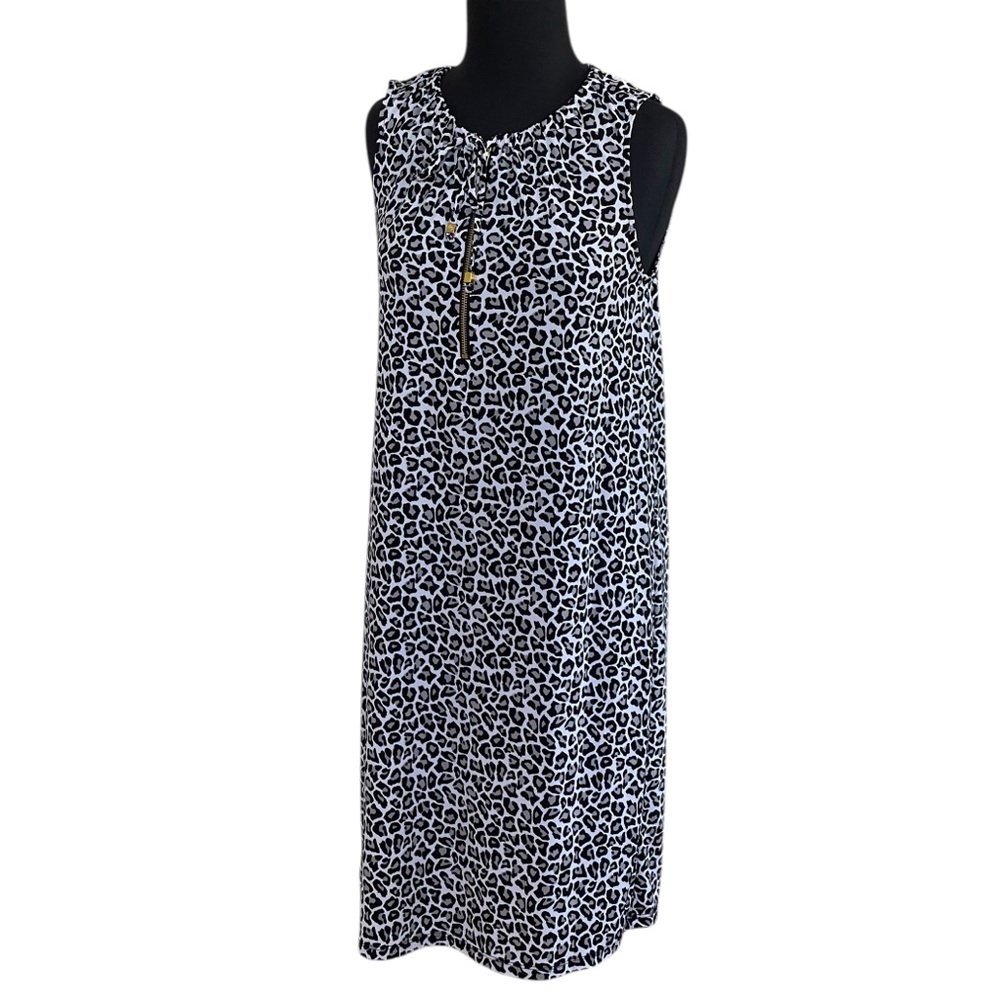 Michael Michael Kors Gray Black Leopard Print Sleeveless Dress Sz S Zipper Front